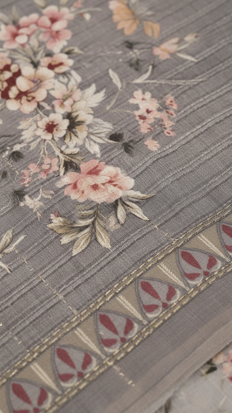 Steel Grey Sanchita Chanderi Saree | Digital Floral Print | Woven Paisley Border | Blouse Piece Included