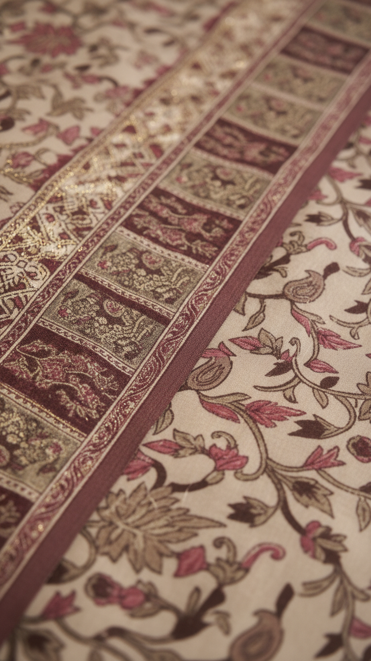 Ivory Habutai Silk Saree | Kashmiri Jaal Print with Burgundy Gold Block Border & Tassel Fringe | Blouse Piece Included