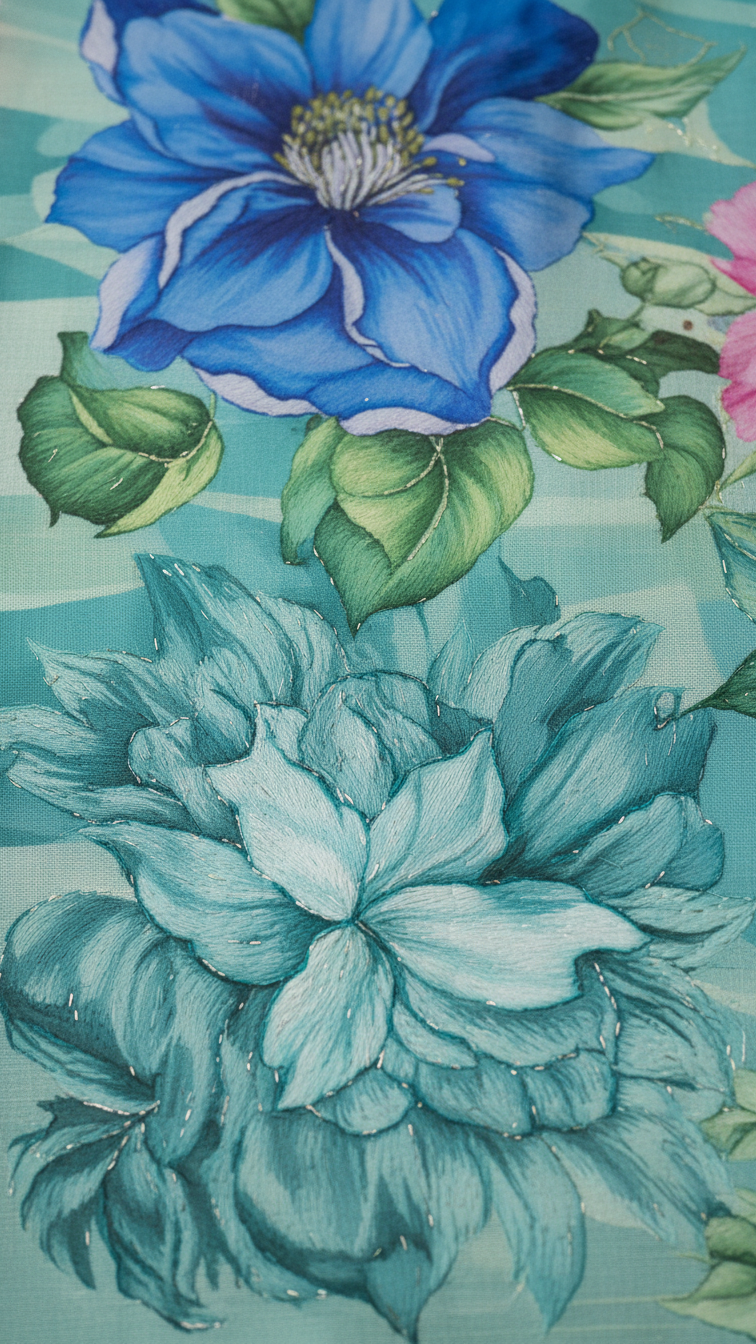 Seafoam Teal Soft Crepe Saree | Artistic Botanical Floral Print | Blouse Piece Included