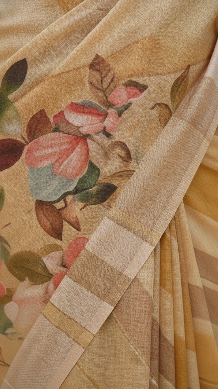 Golden Beige Soft Crepe Saree | Watercolour Botanical Floral Print | Blouse Piece Included