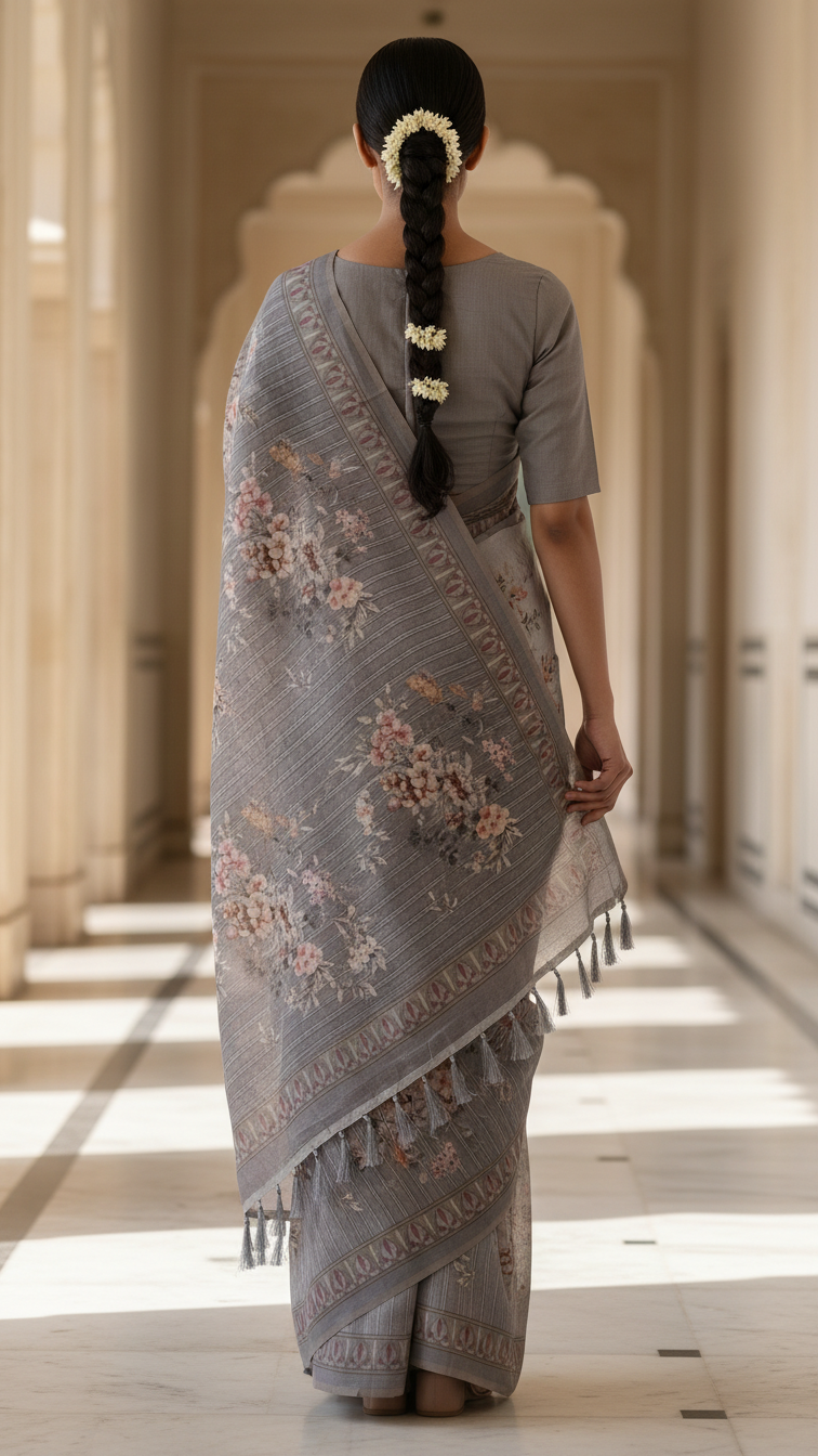 Steel Grey Sanchita Chanderi Saree | Digital Floral Print | Woven Paisley Border | Blouse Piece Included