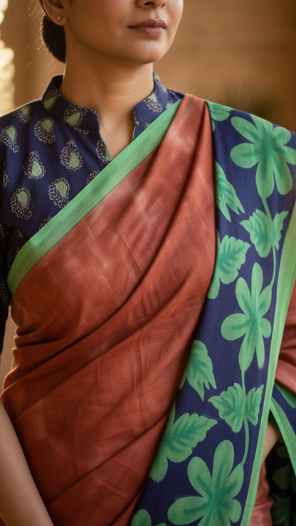 Rust Terracotta Rasmalai Cotton Saree | Bold Tropical Leaf Print Border | Blouse Piece Included