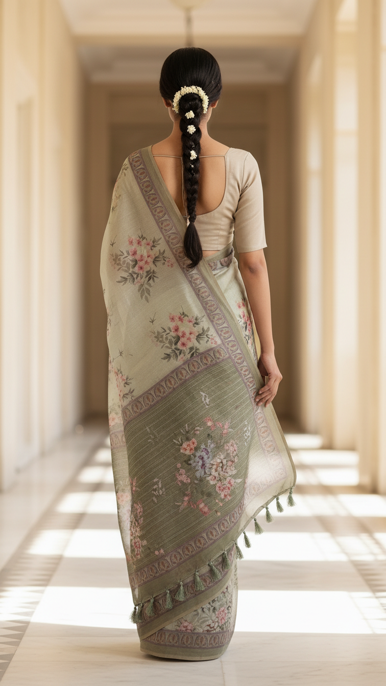 Sage Green Sanchita Chanderi Saree | Digital Floral Print | Woven Paisley Border | Blouse Piece Included