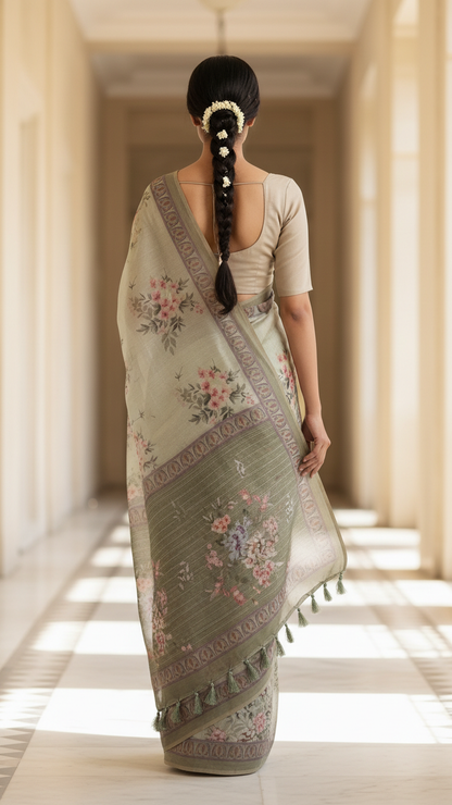 Sage Green Sanchita Chanderi Saree | Digital Floral Print | Woven Paisley Border | Blouse Piece Included
