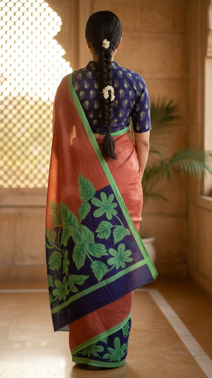 Rust Terracotta Rasmalai Cotton Saree | Bold Tropical Leaf Print Border | Blouse Piece Included