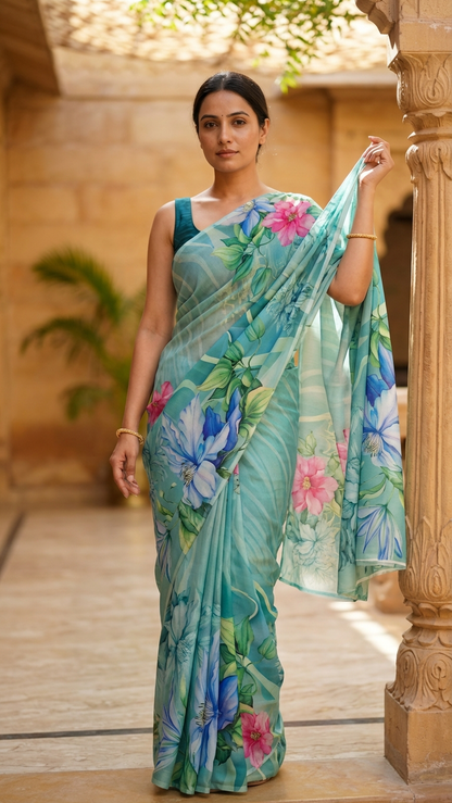 Seafoam Teal Soft Crepe Saree | Artistic Botanical Floral Print | Blouse Piece Included