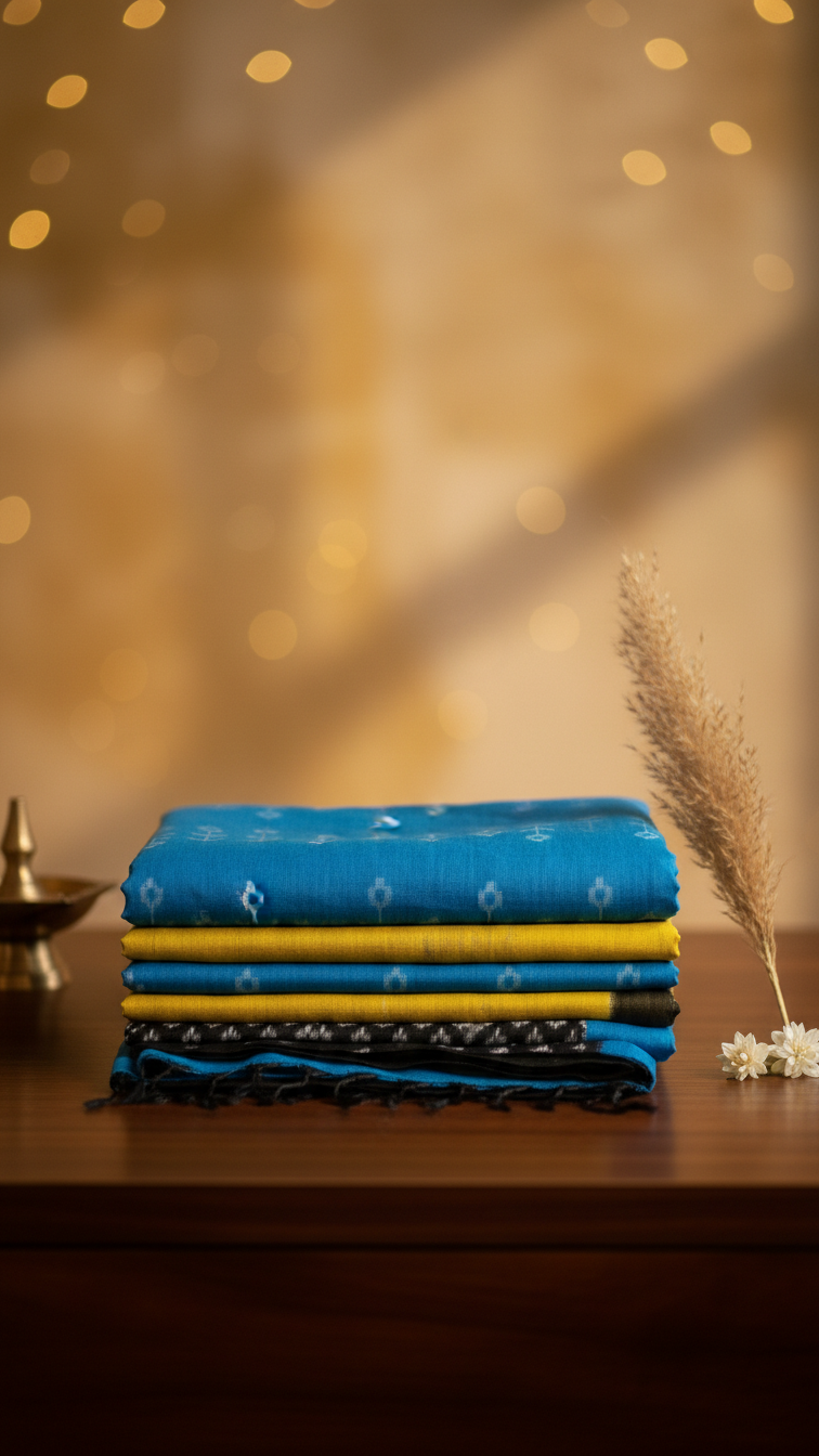 Sky Blue Rasmalai Cotton Saree | White Ikat Print Body | Mustard & Black Border | Blouse Piece Included