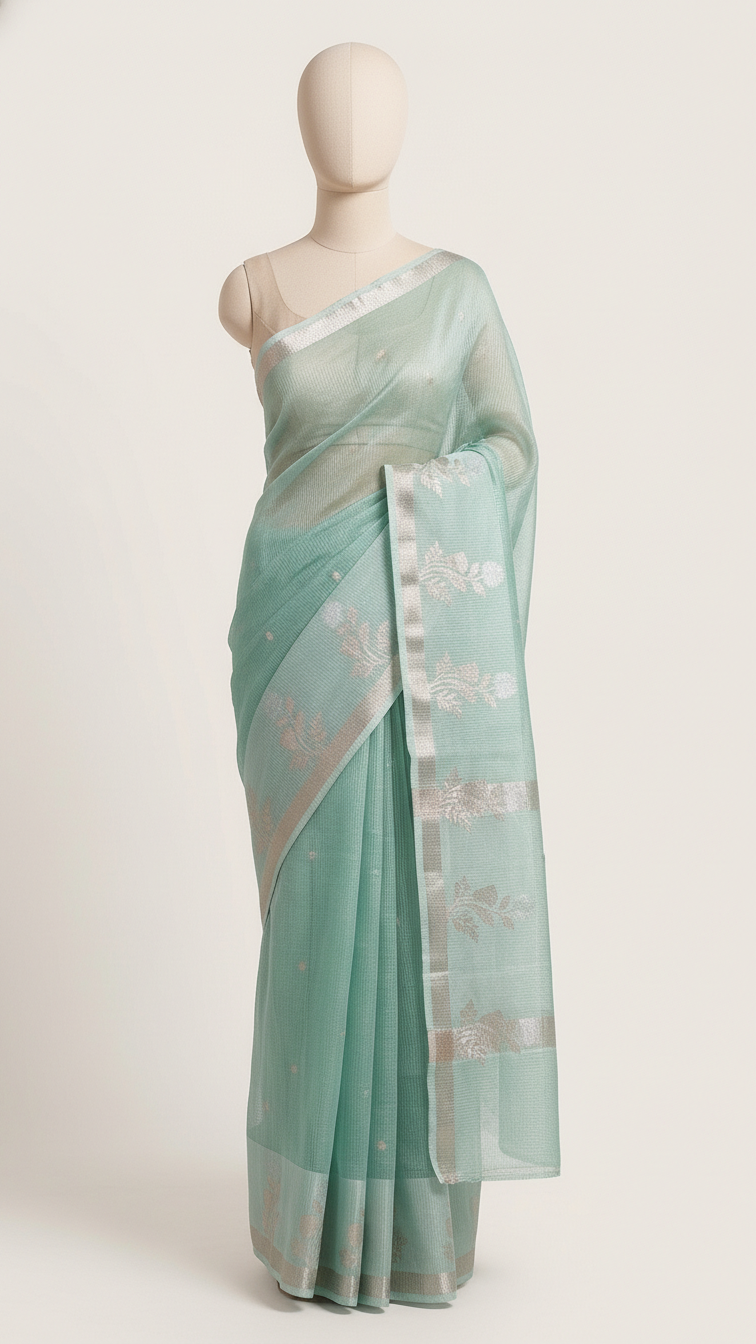 Seafoam Kota Tissue Saree | Woven Silver Zari Butis & Floral Border | Blouse Piece Included