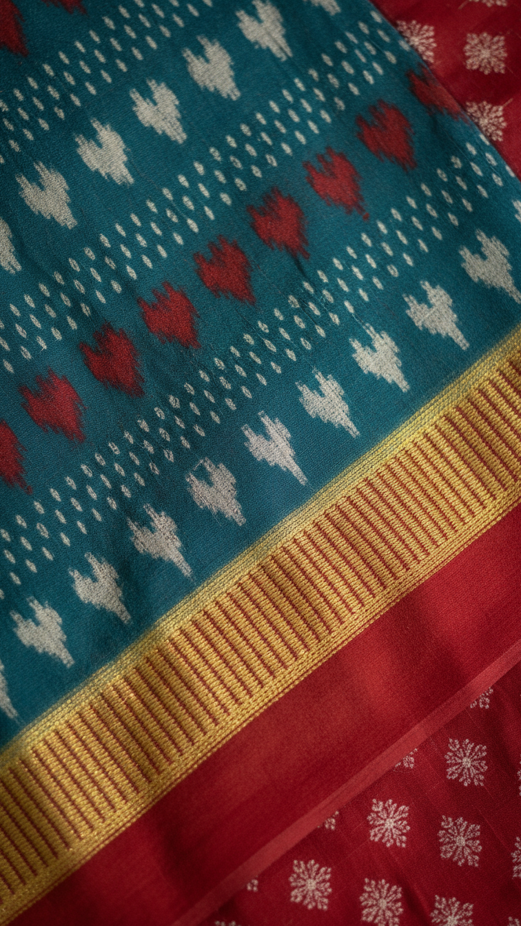 Teal Ikat Print Rasmalai Cotton Saree | Red & White Heart Motifs | Gold Zari Border | Blouse Piece Included