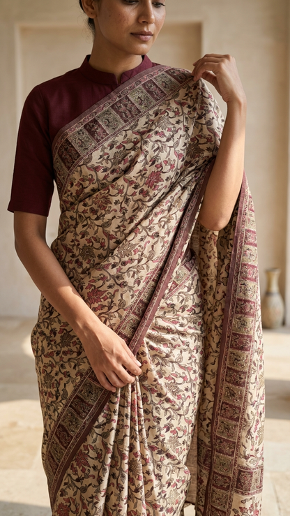 Ivory Habutai Silk Saree | Kashmiri Jaal Print with Burgundy Gold Block Border & Tassel Fringe | Blouse Piece Included