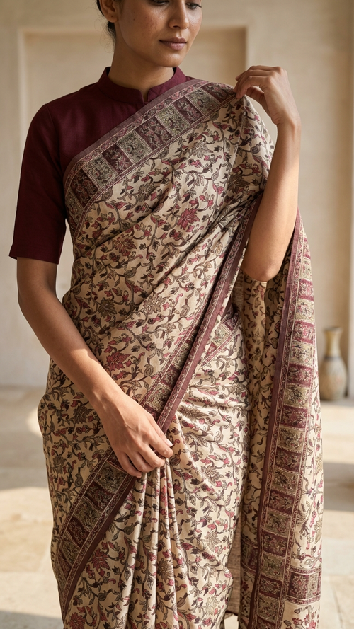 Ivory Habutai Silk Saree | Kashmiri Jaal Print with Burgundy Gold Block Border & Tassel Fringe | Blouse Piece Included