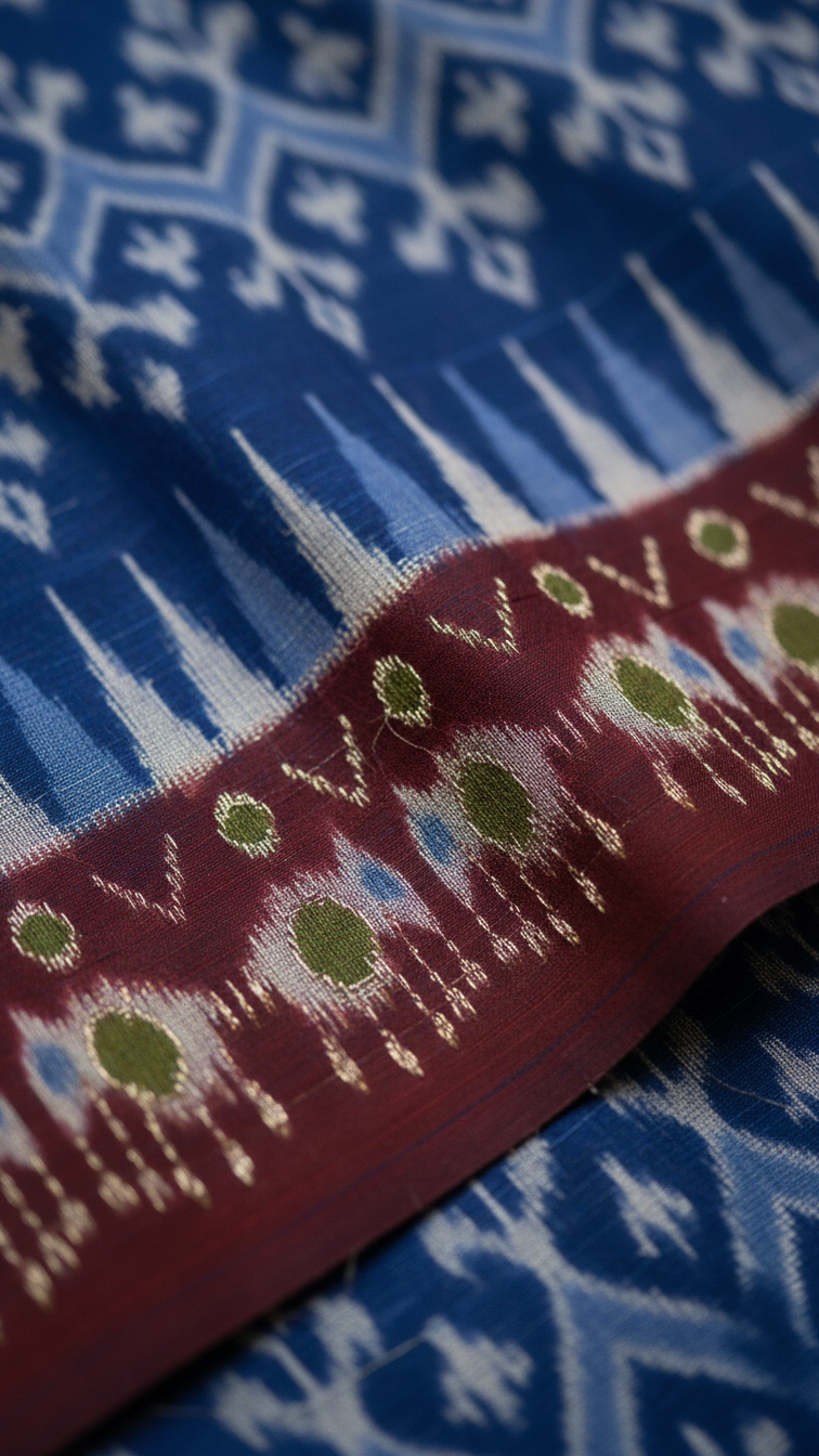 Indigo Blue Rasmalai Cotton Saree | Ikat Print with Maroon Border & Tassel Fringe | Blouse Piece Included