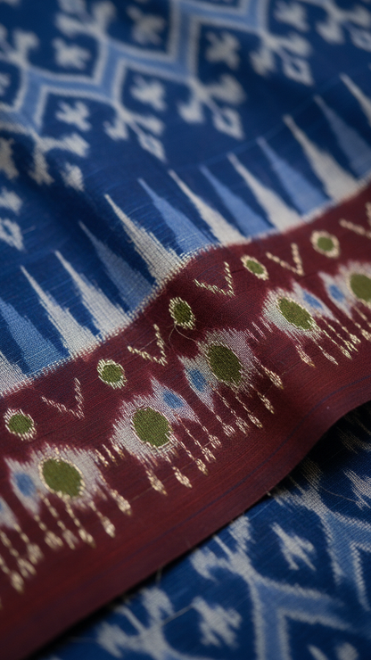 Indigo Blue Rasmalai Cotton Saree | Ikat Print with Maroon Border & Tassel Fringe | Blouse Piece Included
