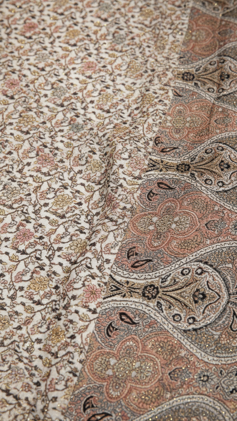Ivory Habutai Silk Saree | Intricate Kashmiri Jaal Print with Paisley Pallu & Black Border | Blouse Piece Included