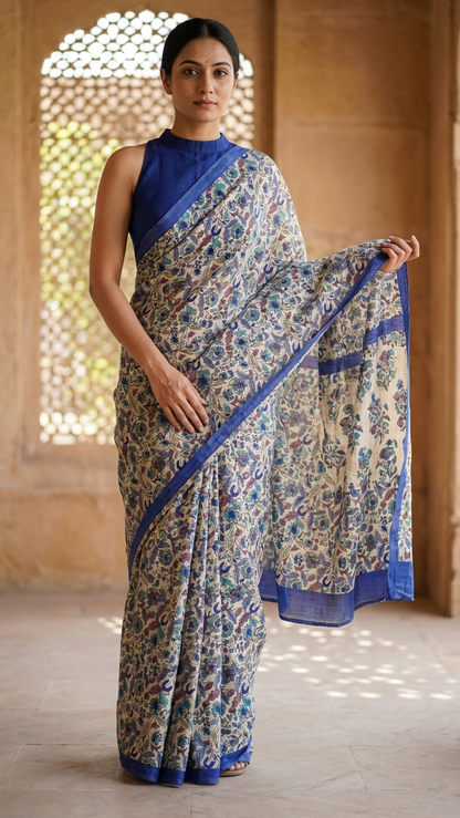 Ivory Habutai Silk Saree | Blue & Teal Kashmiri Jaal Print with Royal Blue Border | Blouse Piece Included