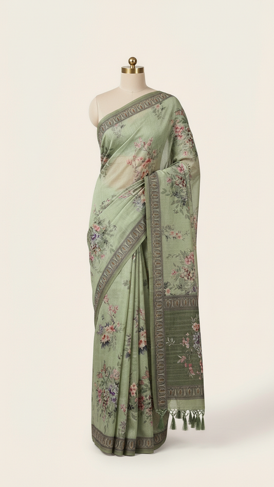 Pista Green Sanchita Chanderi Saree | Digital Floral Print | Woven Paisley Border | Blouse Piece Included
