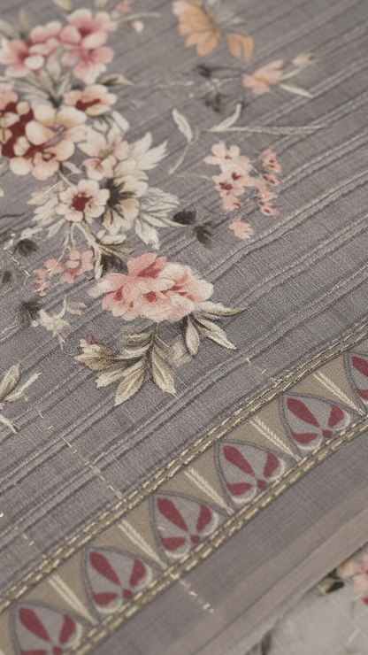 Steel Grey Sanchita Chanderi Saree | Digital Floral Print | Woven Paisley Border | Blouse Piece Included