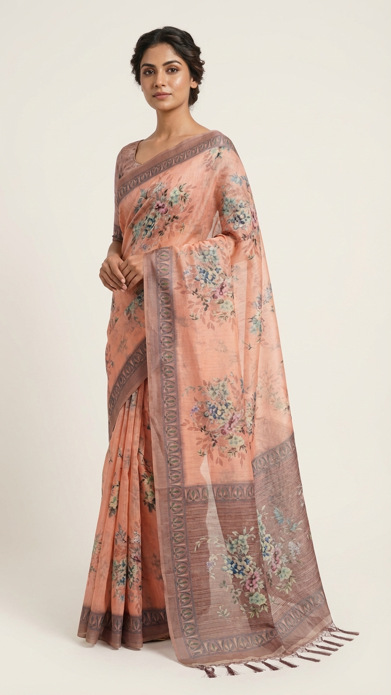 Peach Sanchita Chanderi Saree | Digital Floral Print | Woven Paisley Border | Blouse Piece Included