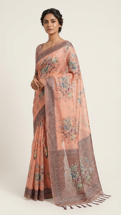 Peach Sanchita Chanderi Saree | Digital Floral Print | Woven Paisley Border | Blouse Piece Included
