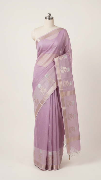 Kota Tissue Saree | Woven Silver Zari Butis & Floral Border | Blouse Piece Included | 2 Colours