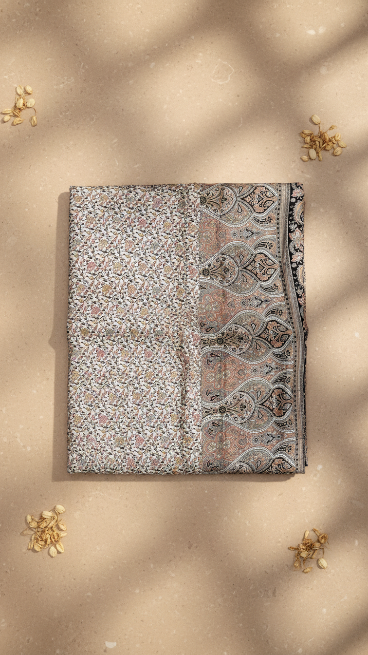 Ivory Habutai Silk Saree | Intricate Kashmiri Jaal Print with Paisley Pallu & Black Border | Blouse Piece Included