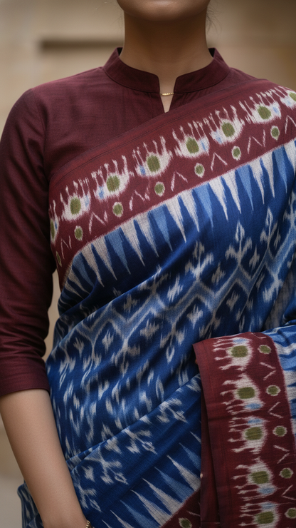 Indigo Blue Rasmalai Cotton Saree | Ikat Print with Maroon Border & Tassel Fringe | Blouse Piece Included