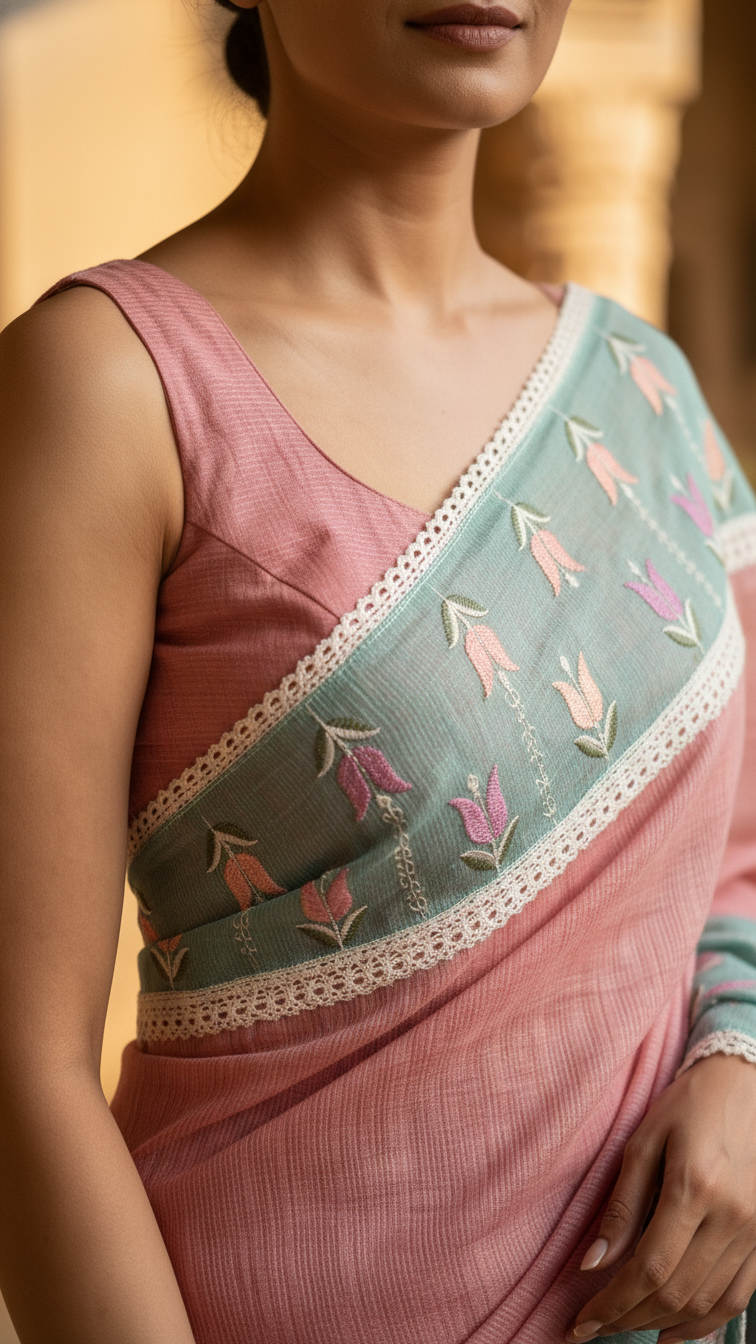 Pure Tissue Saree | Hand Embroidered Tulip Butis with Crochet Lace Border | Blouse Piece Included | 2 Colours