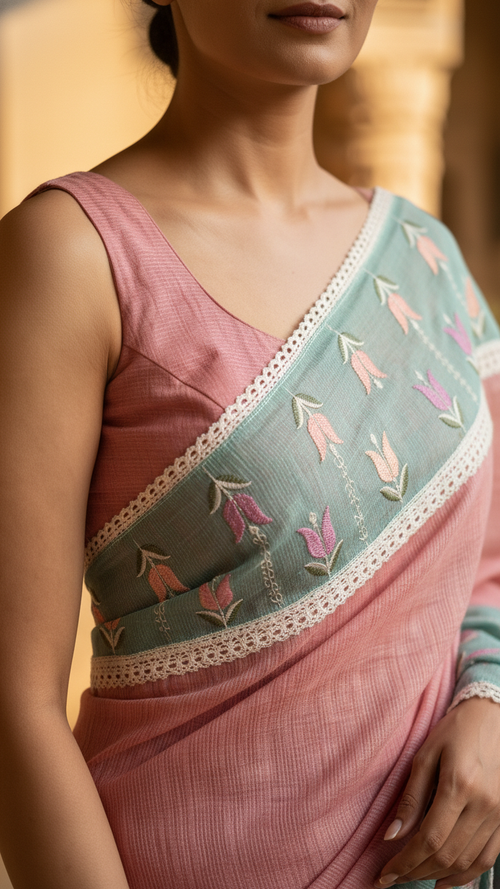 Pure Tissue Saree | Hand Embroidered Tulip Butis with Crochet Lace Border | Blouse Piece Included | 2 Colours