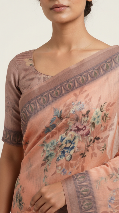 Peach Sanchita Chanderi Saree | Digital Floral Print | Woven Paisley Border | Blouse Piece Included