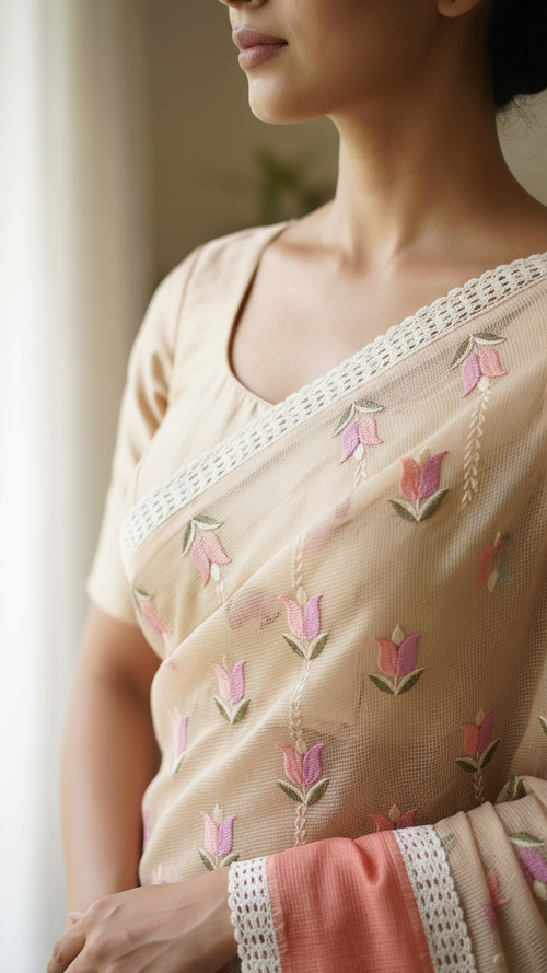 Pure Tissue Saree | Hand Embroidered Tulip Butis with Terracotta Border & Crochet Lace Trim | Blouse Piece Included