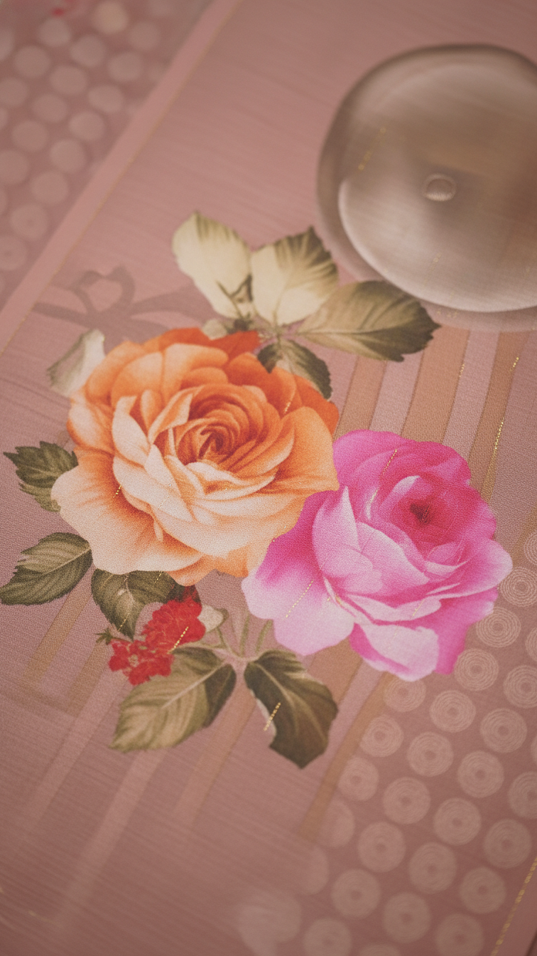 Dusty Rose Soft Crepe Saree | Romantic Rose Bouquet Print | Blouse Piece Included