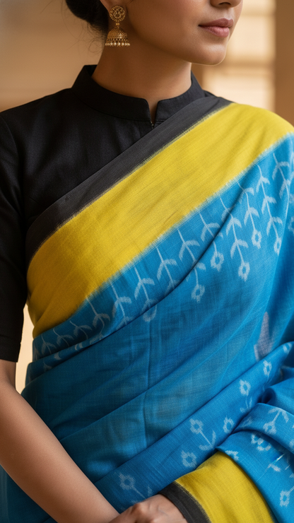 Sky Blue Rasmalai Cotton Saree | White Ikat Print Body | Mustard & Black Border | Blouse Piece Included