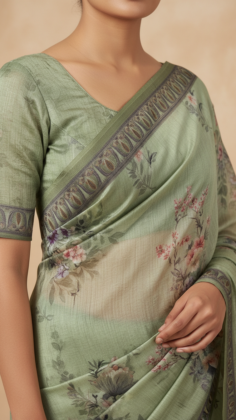 Pista Green Sanchita Chanderi Saree | Digital Floral Print | Woven Paisley Border | Blouse Piece Included