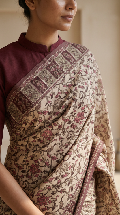 Ivory Habutai Silk Saree | Kashmiri Jaal Print with Burgundy Gold Block Border & Tassel Fringe | Blouse Piece Included