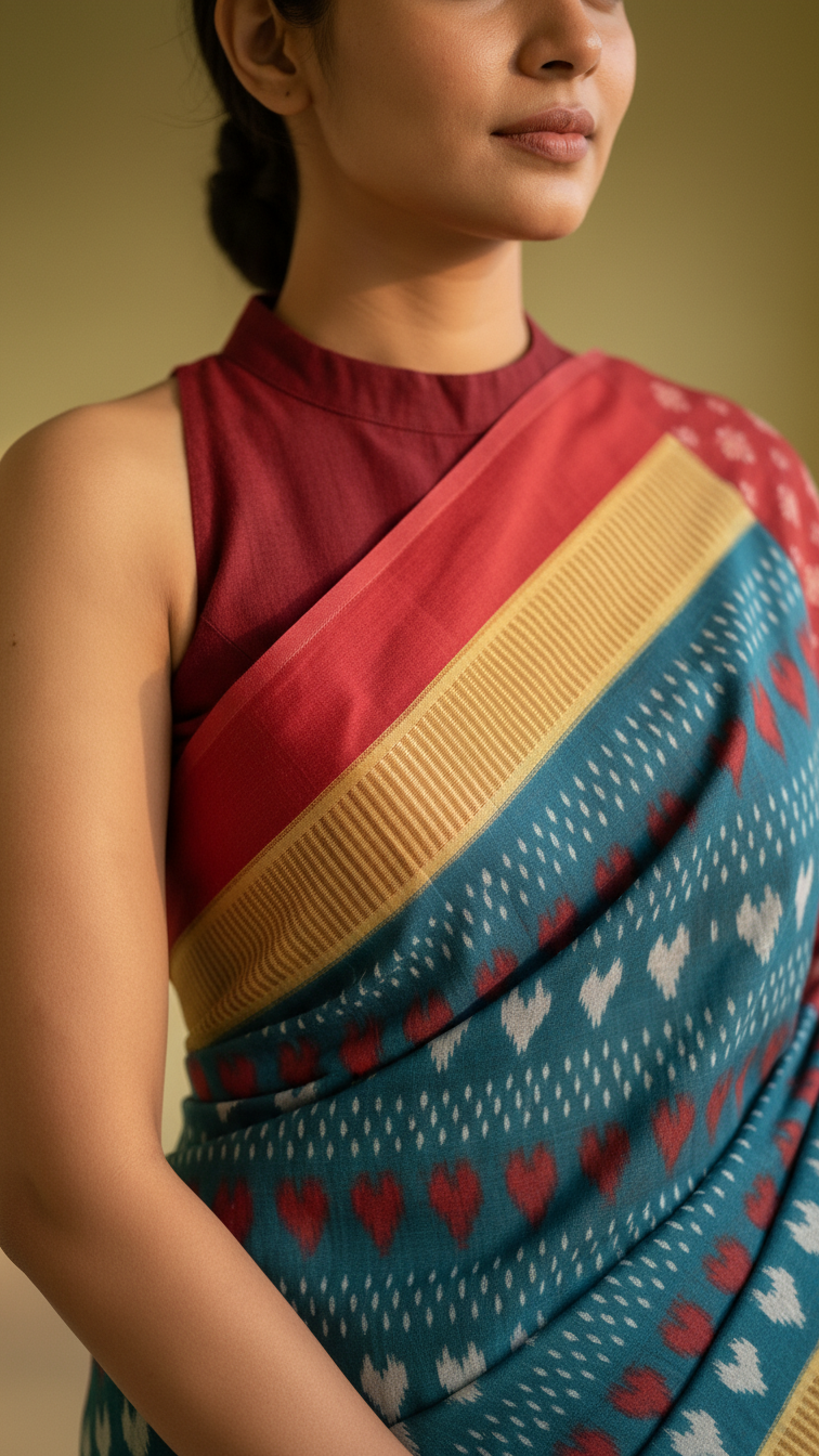Teal Ikat Print Rasmalai Cotton Saree | Red & White Heart Motifs | Gold Zari Border | Blouse Piece Included