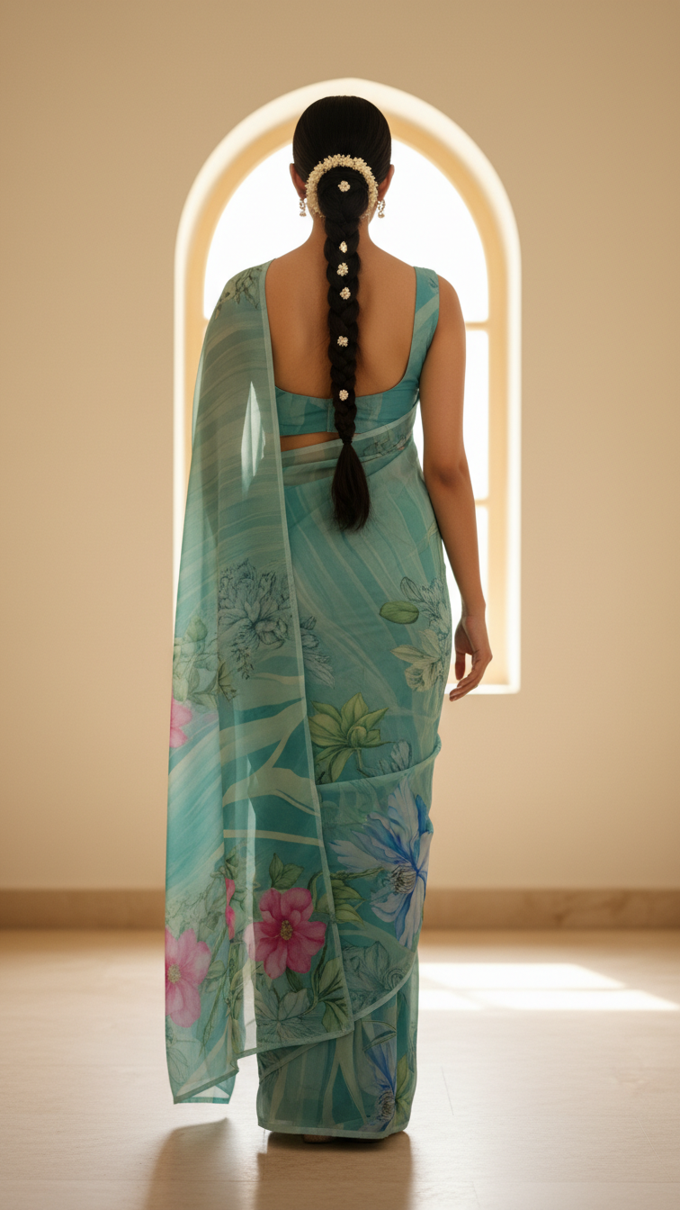 Seafoam Teal Soft Crepe Saree | Artistic Botanical Floral Print | Blouse Piece Included