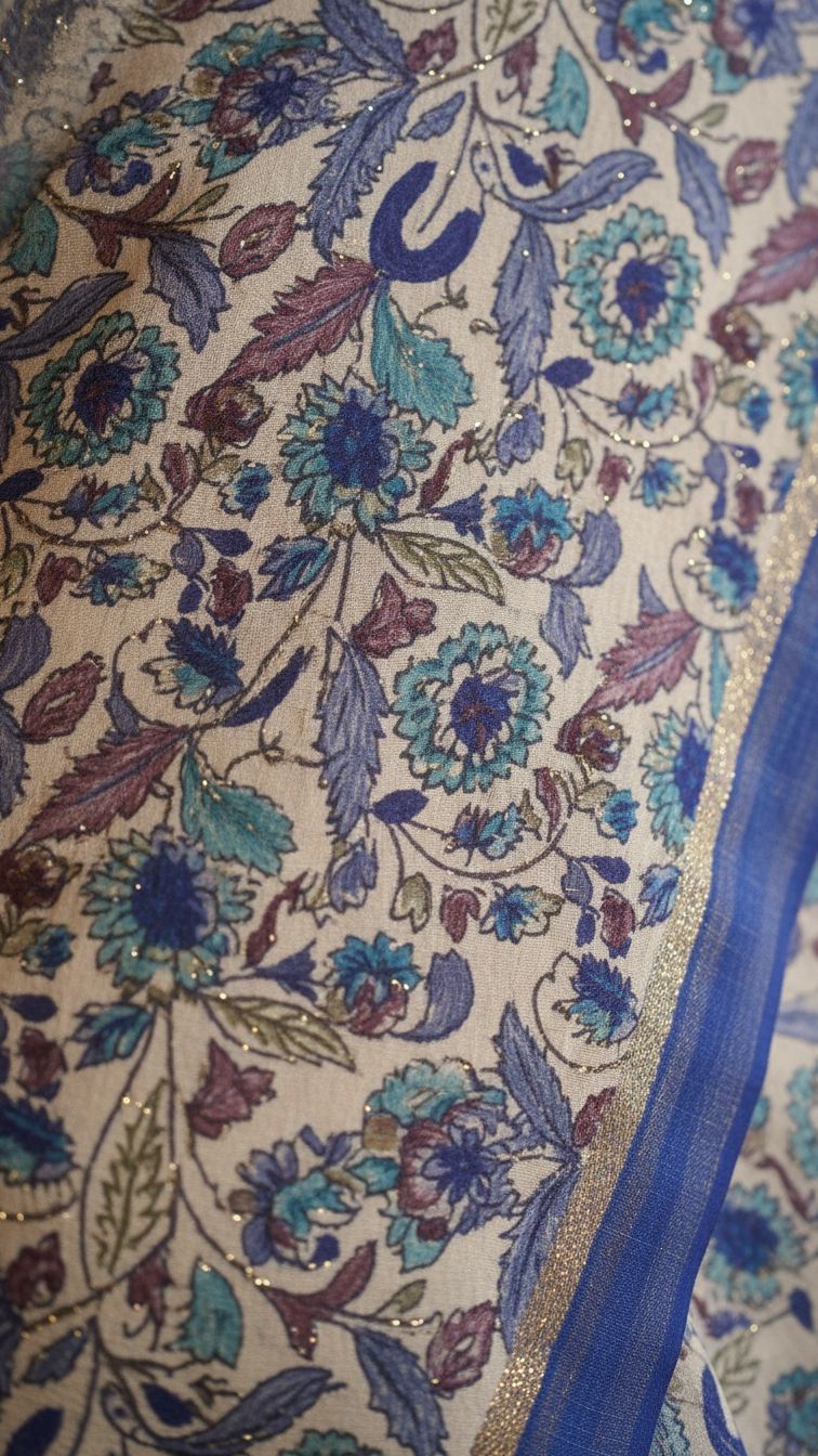 Ivory Habutai Silk Saree | Blue & Teal Kashmiri Jaal Print with Royal Blue Border | Blouse Piece Included