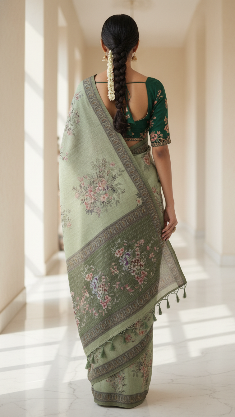 Pista Green Sanchita Chanderi Saree | Digital Floral Print | Woven Paisley Border | Blouse Piece Included