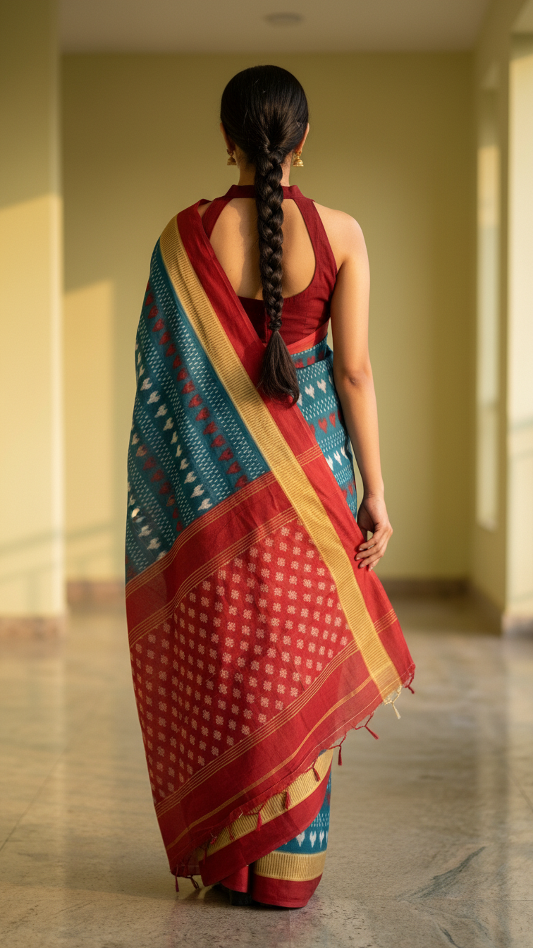 Teal Ikat Print Rasmalai Cotton Saree | Red & White Heart Motifs | Gold Zari Border | Blouse Piece Included
