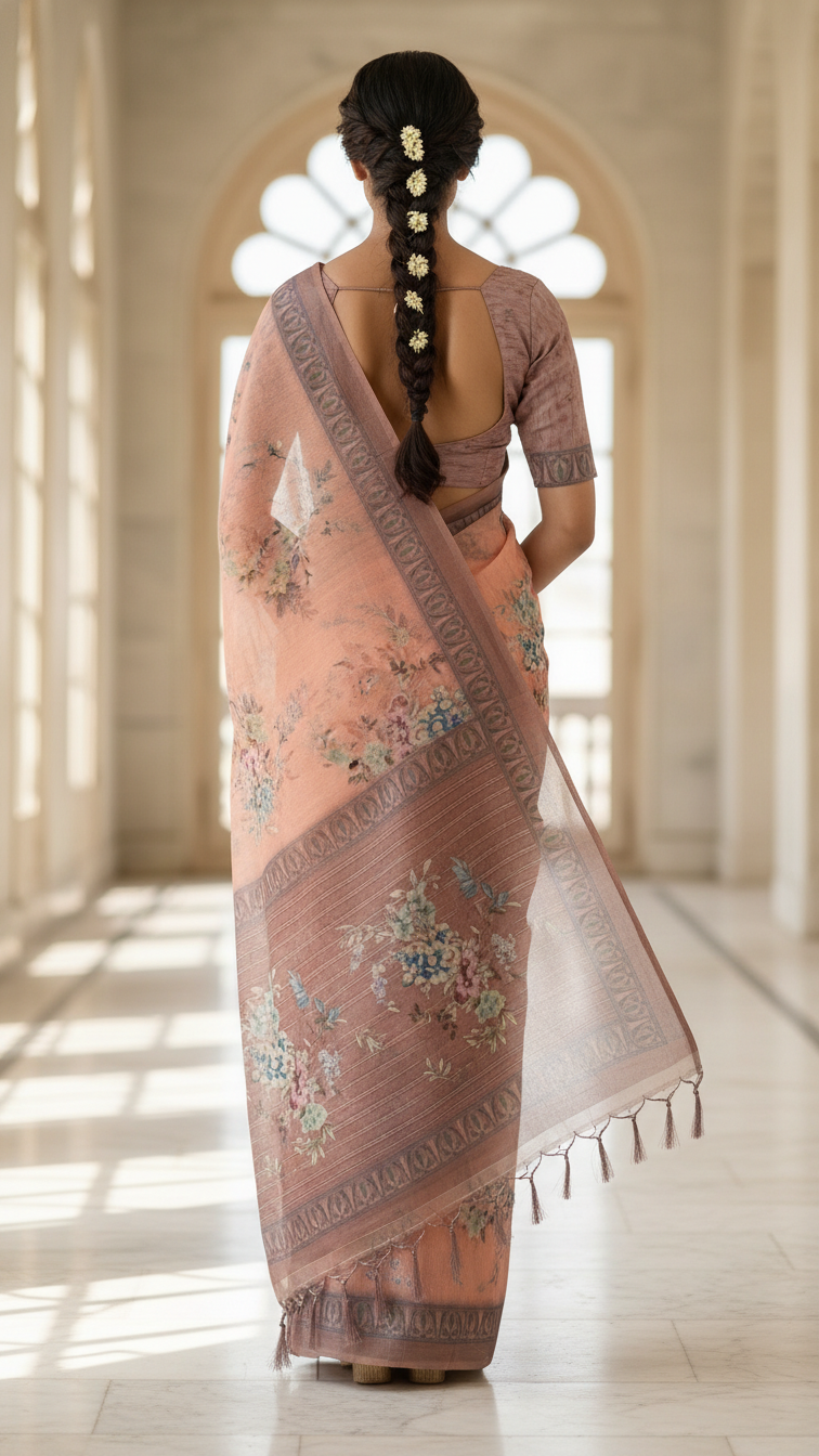 Peach Sanchita Chanderi Saree | Digital Floral Print | Woven Paisley Border | Blouse Piece Included