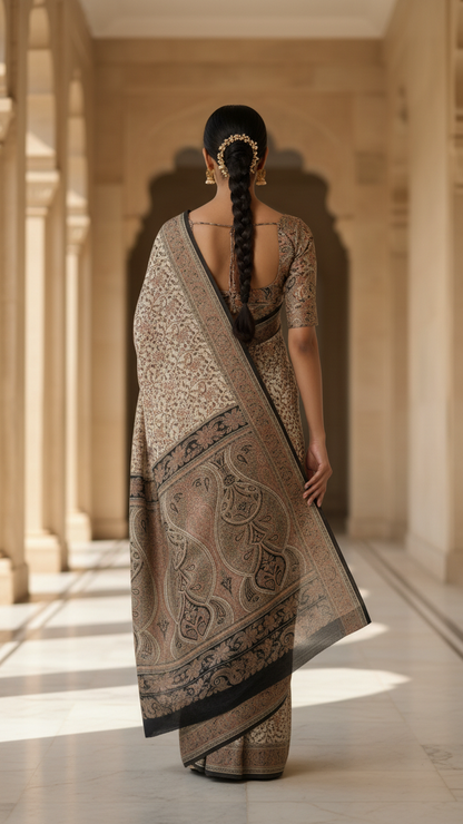 Ivory Habutai Silk Saree | Intricate Kashmiri Jaal Print with Paisley Pallu & Black Border | Blouse Piece Included