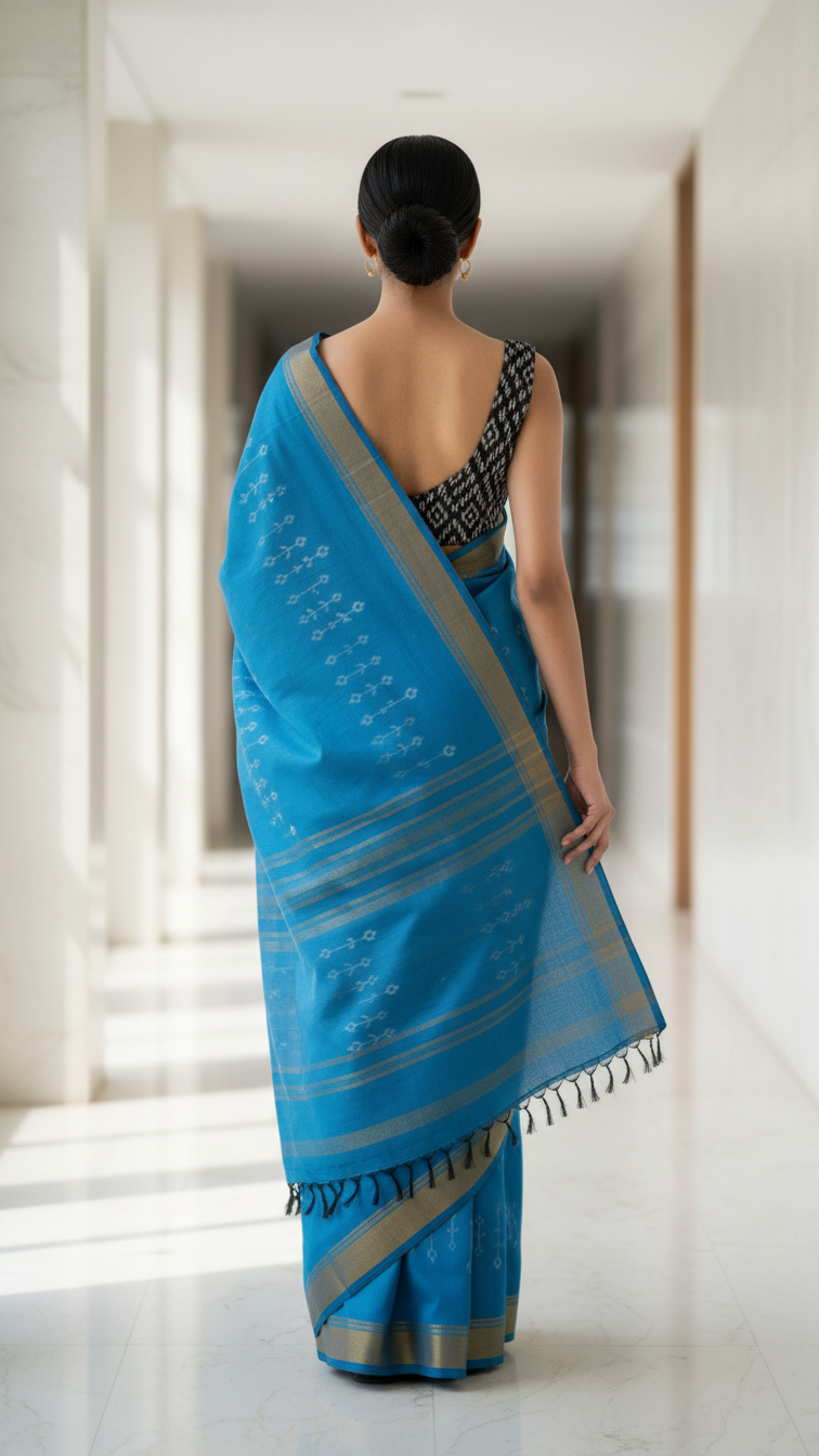 Sky Blue Rasmalai Cotton Saree | White Ikat Print Body | Mustard & Black Border | Blouse Piece Included