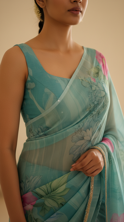 Seafoam Teal Soft Crepe Saree | Artistic Botanical Floral Print | Blouse Piece Included