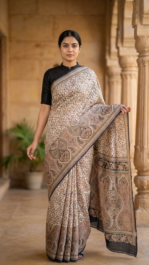 Ivory Habutai Silk Saree | Intricate Kashmiri Jaal Print with Paisley Pallu & Black Border | Blouse Piece Included
