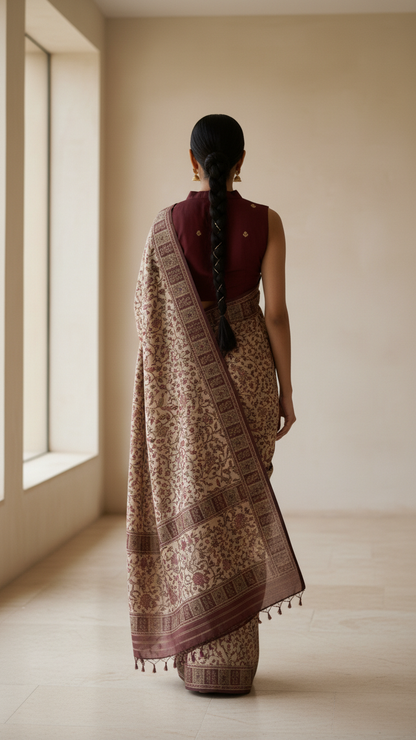 Ivory Habutai Silk Saree | Kashmiri Jaal Print with Burgundy Gold Block Border & Tassel Fringe | Blouse Piece Included