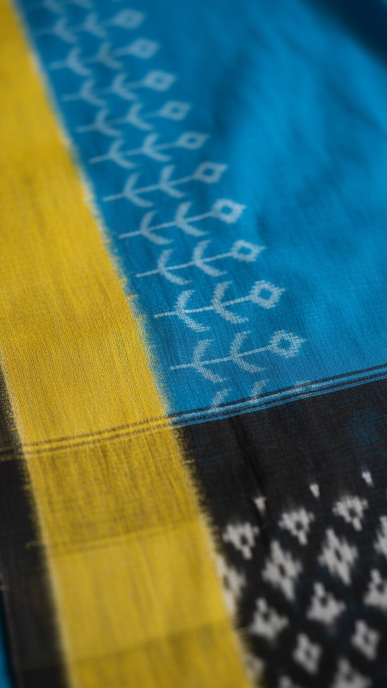 Sky Blue Rasmalai Cotton Saree | White Ikat Print Body | Mustard & Black Border | Blouse Piece Included