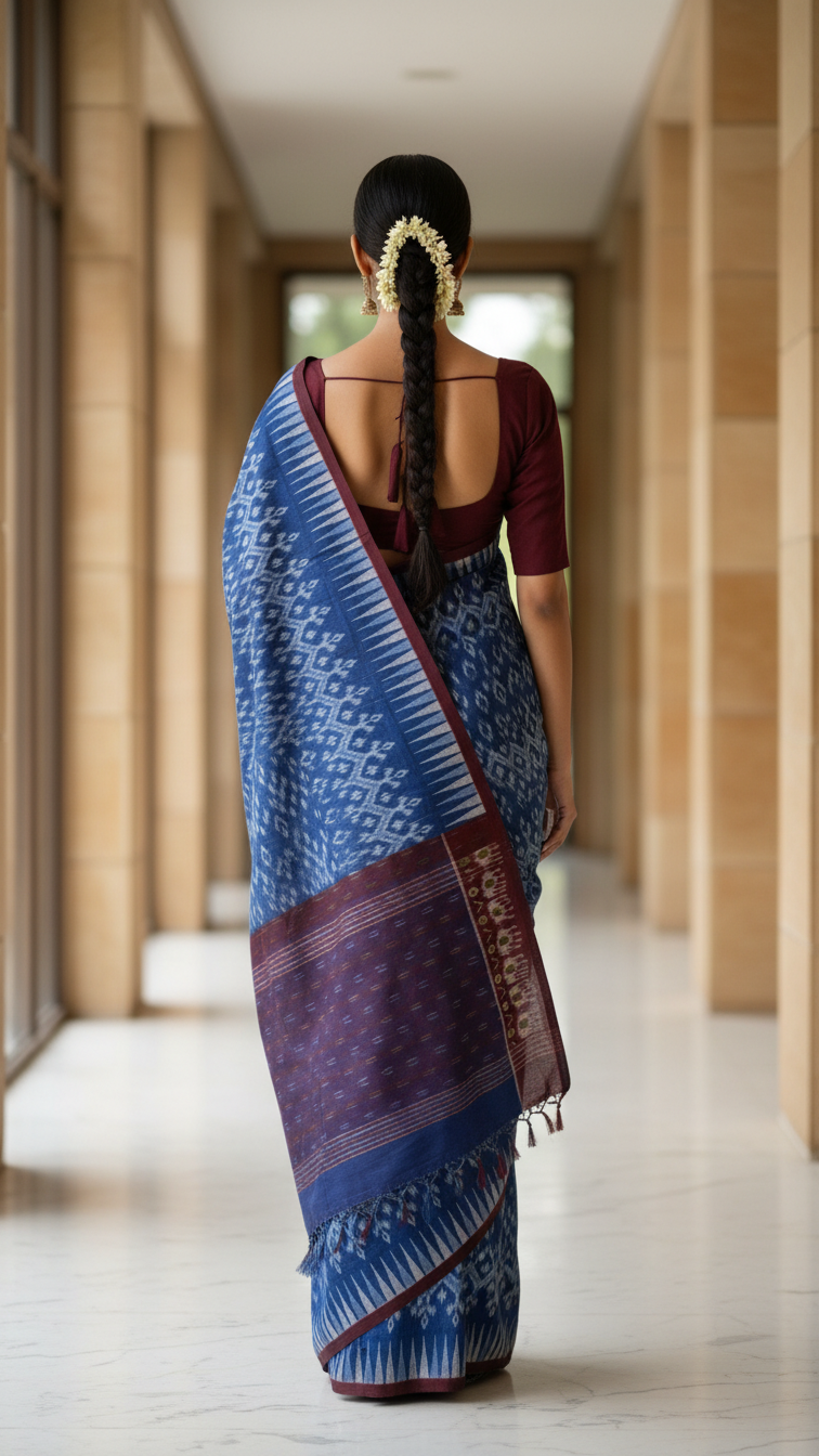 Indigo Blue Rasmalai Cotton Saree | Ikat Print with Maroon Border & Tassel Fringe | Blouse Piece Included