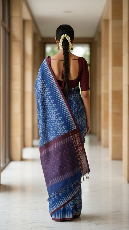 Indigo Blue Rasmalai Cotton Saree | Ikat Print with Maroon Border & Tassel Fringe | Blouse Piece Included
