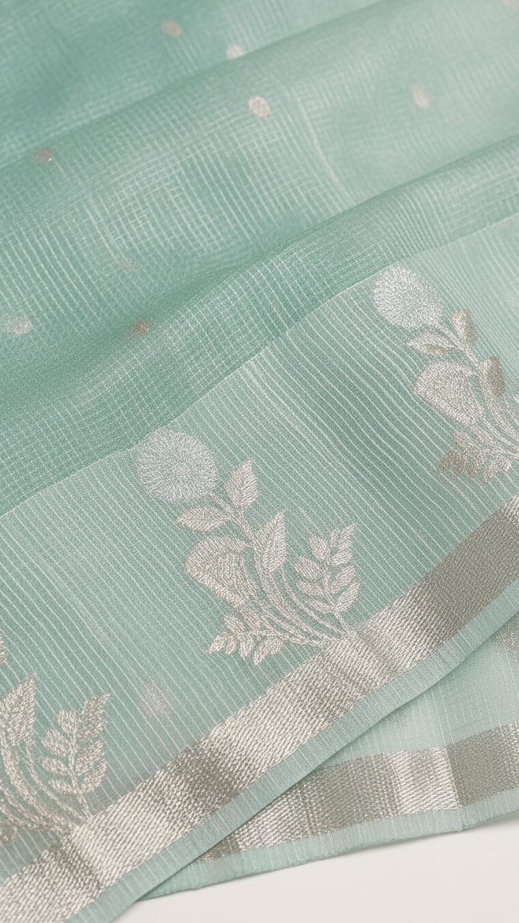 Seafoam Kota Tissue Saree | Woven Silver Zari Butis & Floral Border | Blouse Piece Included