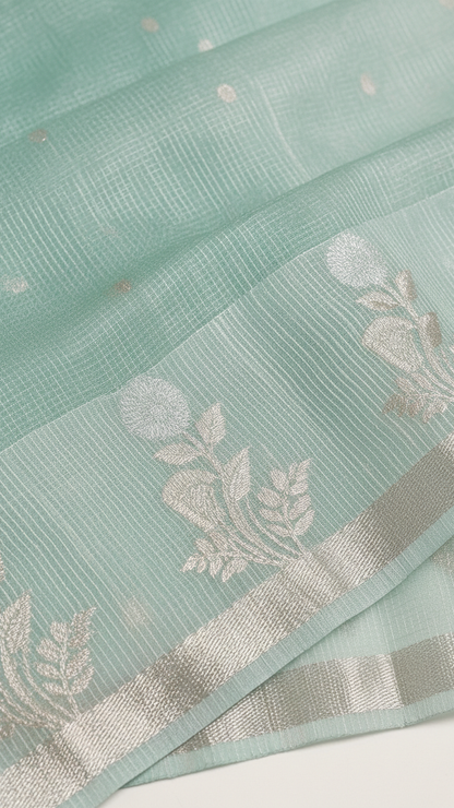 Seafoam Kota Tissue Saree | Woven Silver Zari Butis & Floral Border | Blouse Piece Included